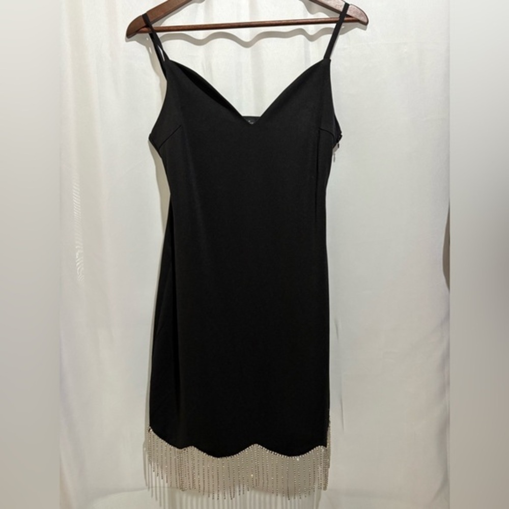 Elegant Womens Medium Dress Black w/ Fringe Rhinestone Detail Sleeveless NWT‎